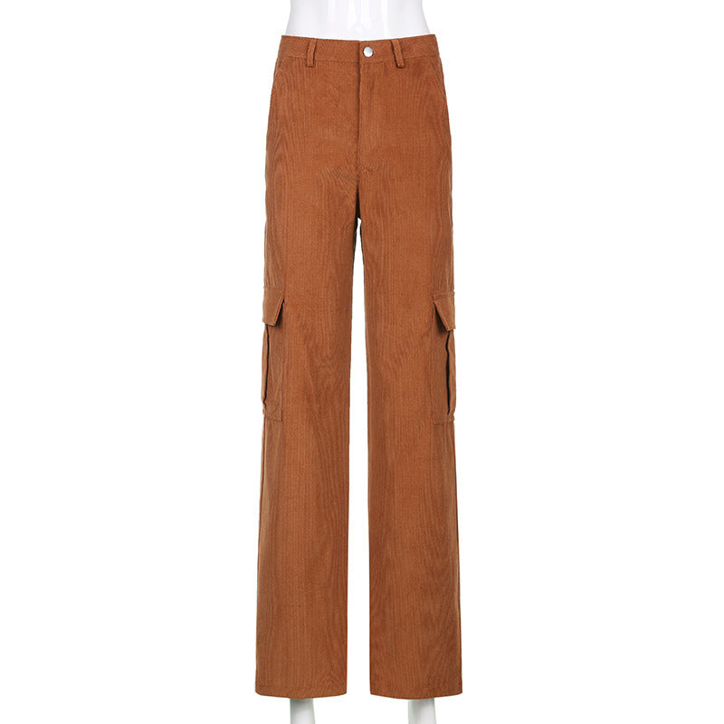 Rapcopter Green Corduroy Pants For Women Big Pockets Cargo Pants Y2K Retro Style Trousers Autumn Winter High Waist Pants 90S